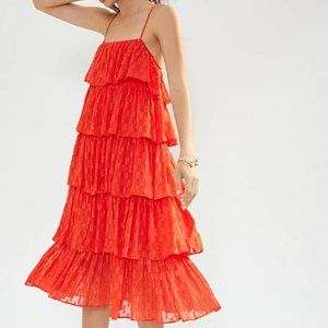 Worn Once Anthropologie Tiered Ruffled Midi Dress In Orange Size Small